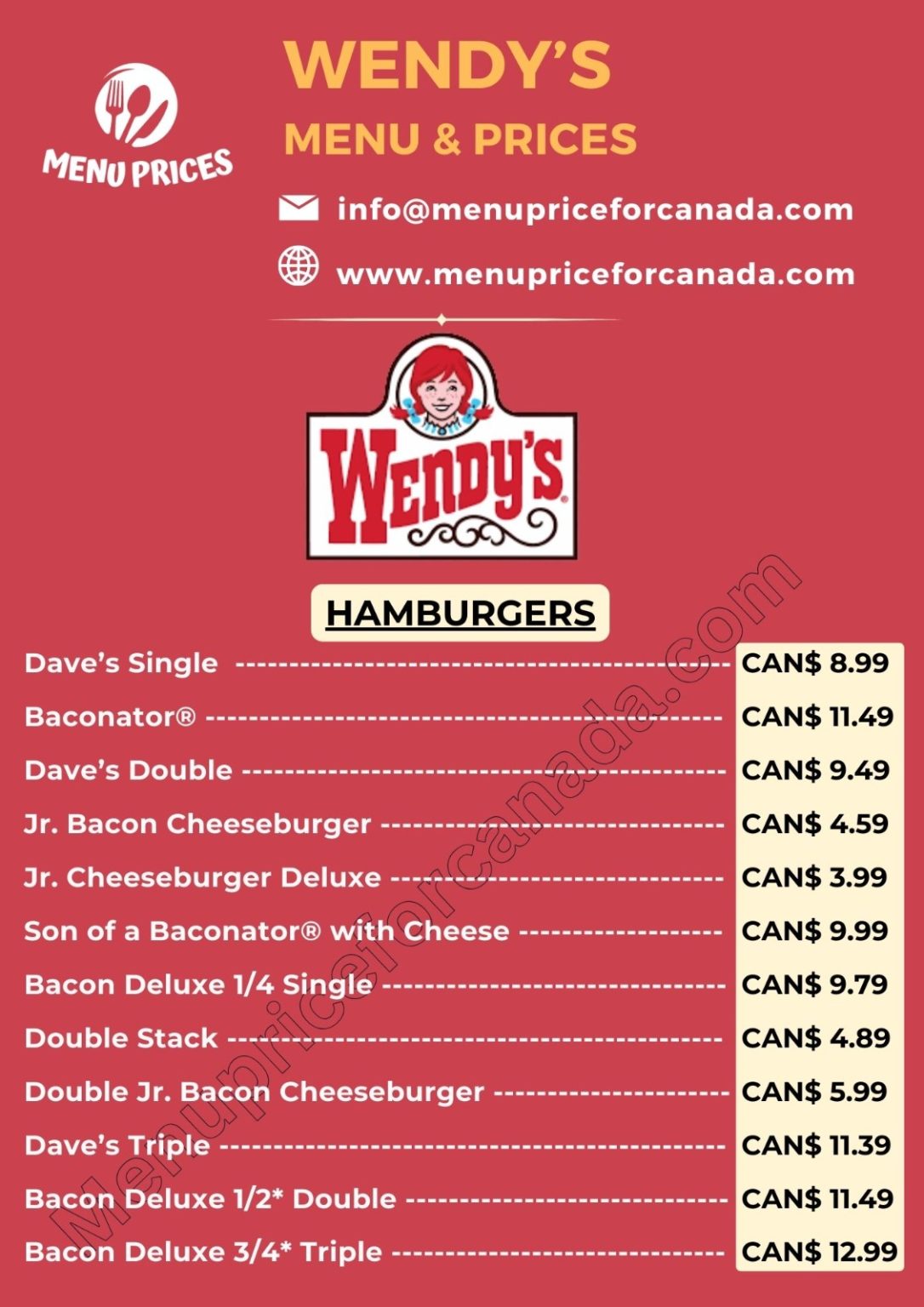 Wendy's Menu with Prices Canada Wendy's Prices Canada 2024