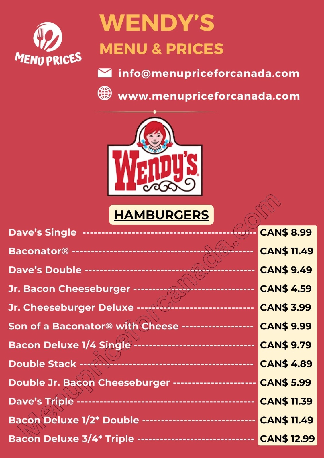wendy's menu with prices canada