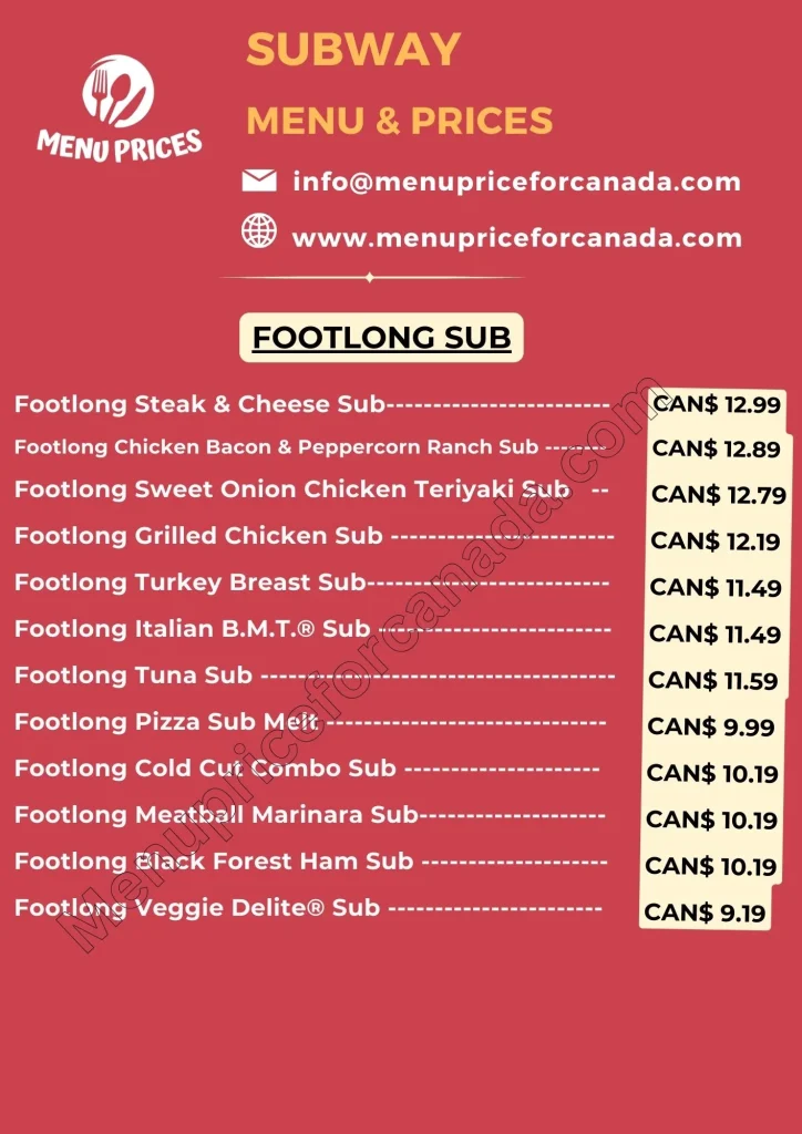 subway menu with prices