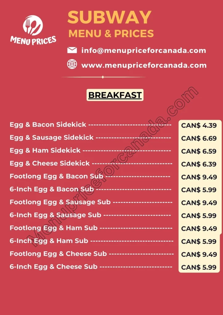 subway menu with prices in canada