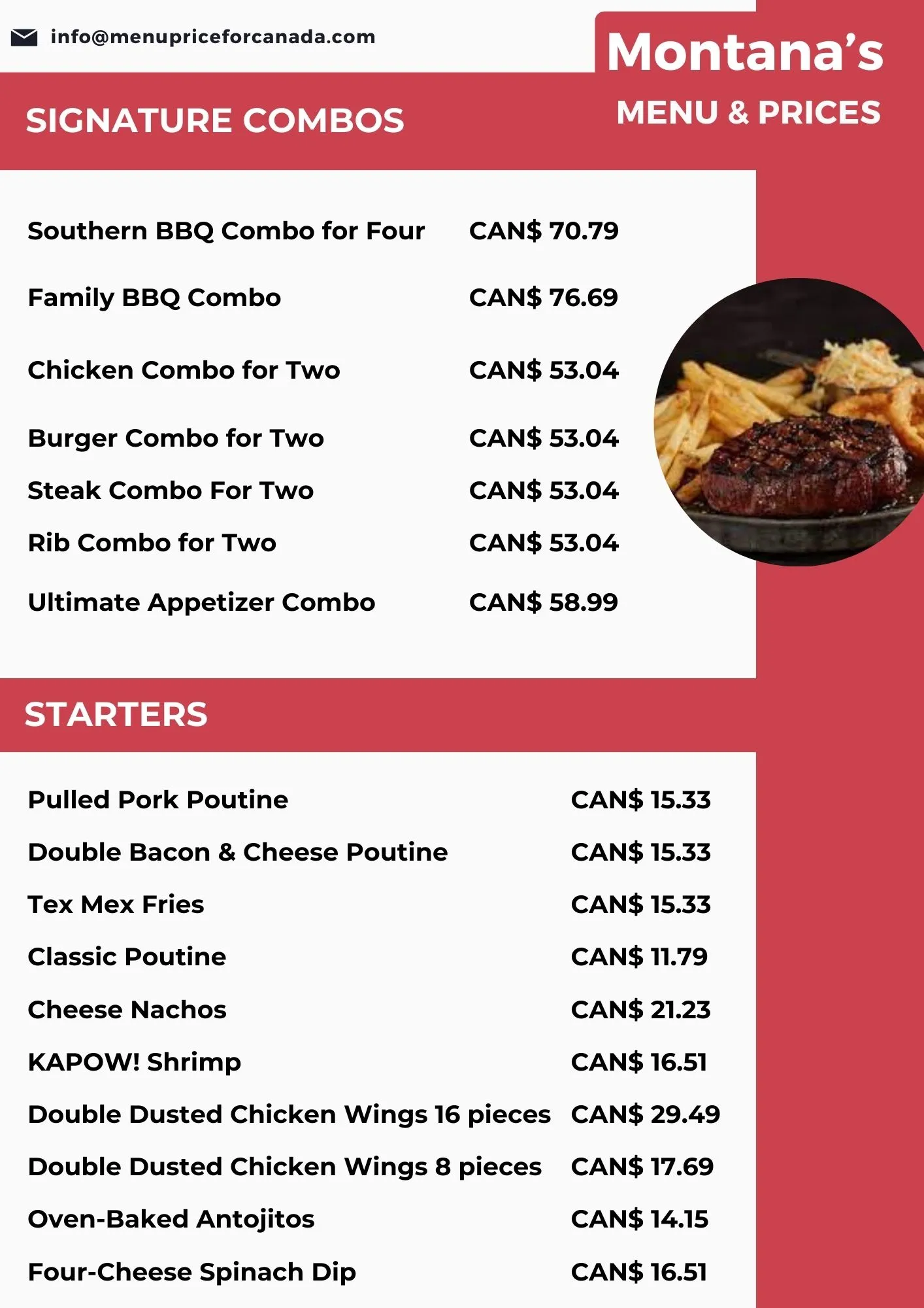 montana's menu prices canada