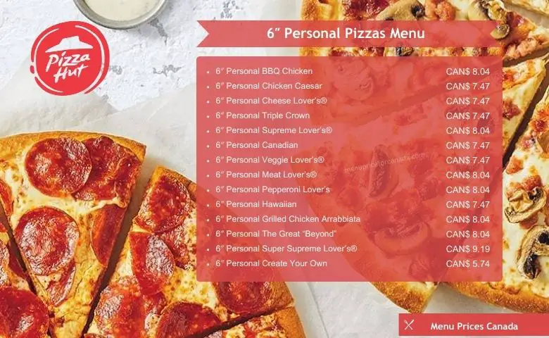Pizza hut menu with prices canada